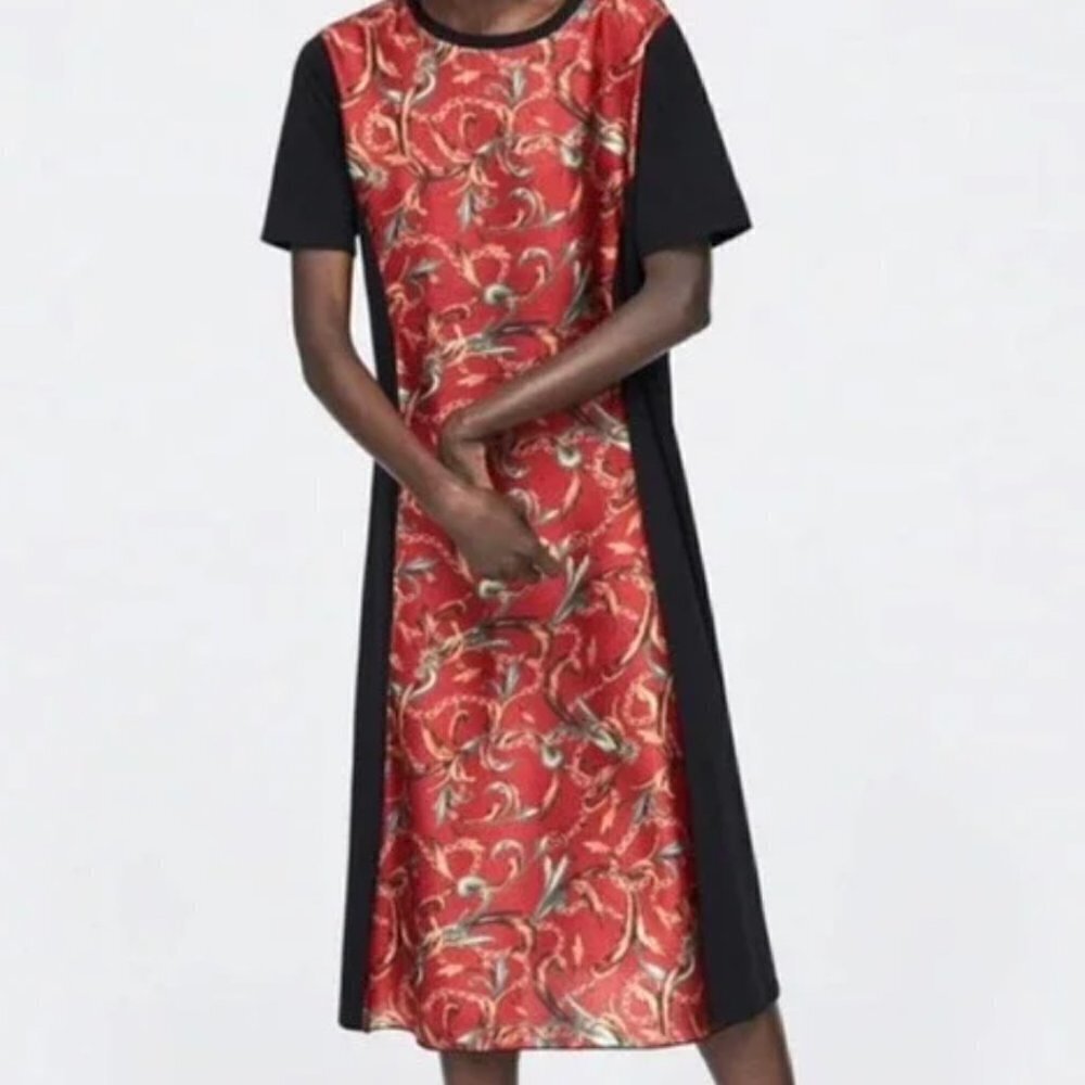 Zara Basic Chain Printed Midi Dress Black Knit Size XL